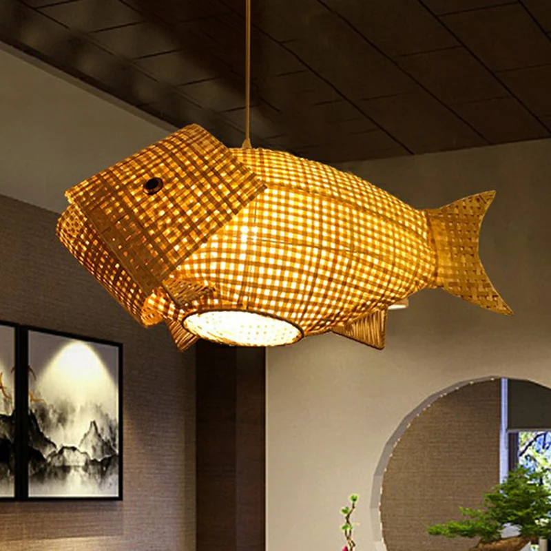 Plafoniera sospensione forma di pesce intrecciato bambù asiatico 1 lampadina Illuminazione sospensione panna per ristorante