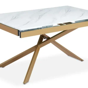 Premium Tavolo da pranzo allungabile Ismael vetro effetto marmo bianco con gambe metallo dorato