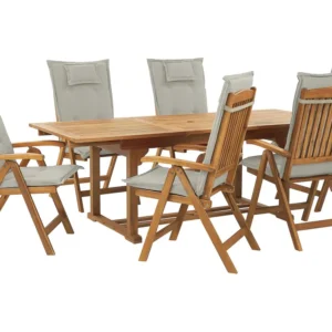 Set tavolo e 6 sedie legno di acacia con cuscini grigio nocciola JAVA