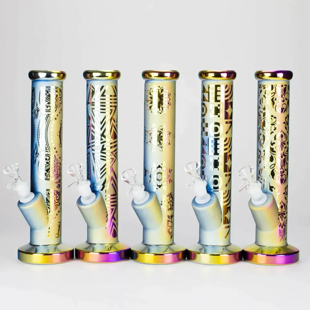 11" Straight Tube Electroplated Metaliic Finish w/ Intricate Patterns Cristallo Bong - Pattern 1