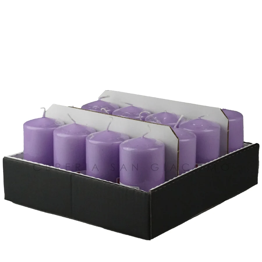 Candele Cilindriche Ø60 mm. h 120 mm. Lilla vassoio da 16 durata ±33 ore cellophane