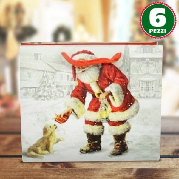 6 Buste Da Regalo Stampa Babbo Natale Classico Con Manici Rossi 31x26x12cm