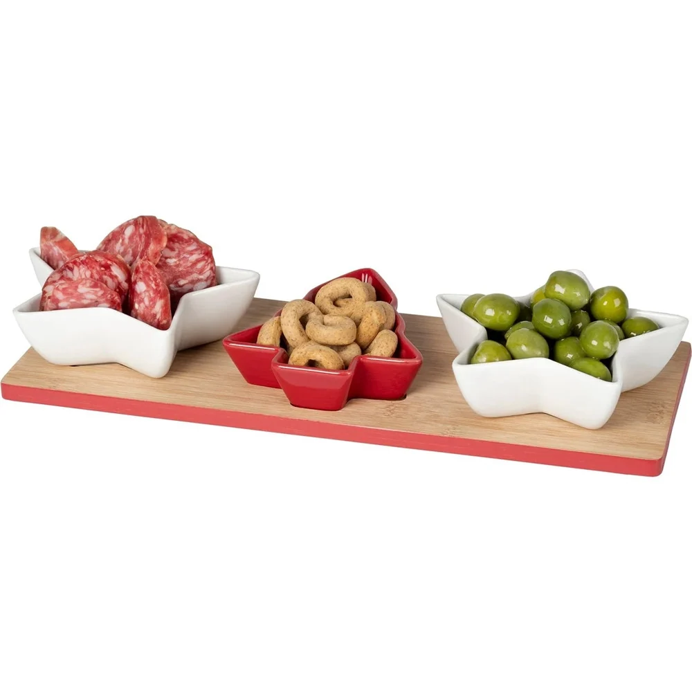 Antipastiera 3 Posti Con Vassoio Base Bamboo 33x12cm 3 Coppette Ceramica Natalizie