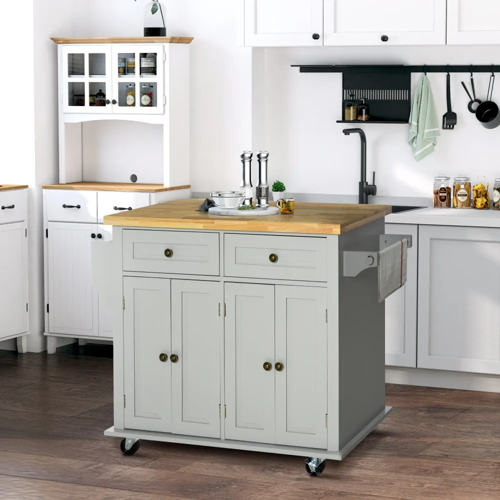 EasyComfort Carrello da Cucina con 2 Cassetti e 2 Armadietti, Piano Legno, Portaspezie e Porta Canovacci, Grigio