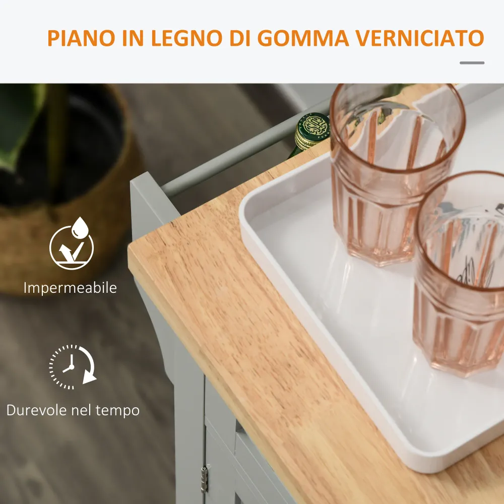EasyComfort Carrello da Cucina con 2 Cassetti e 2 Armadietti, Piano Legno, Portaspezie e Porta Canovacci, Grigio