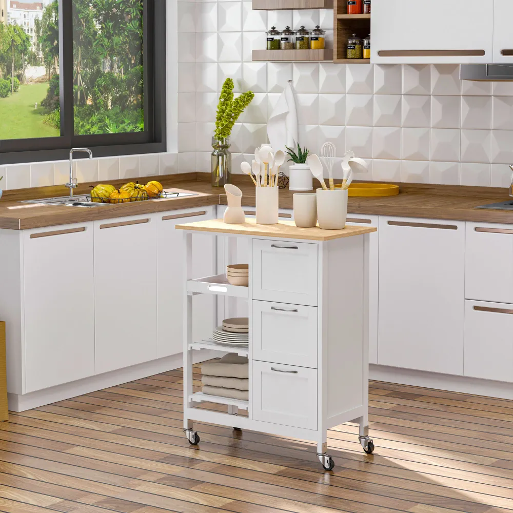 Easycomfort Carrello da Cucina con 3 Cassetti, 2 Ripiani Aperti e Vassoio Rimovibile, MDF e Legno di Pino, 67x37x87 cm