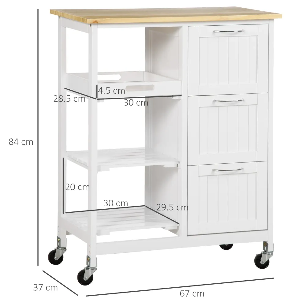 Easycomfort Carrello da Cucina con 3 Cassetti, 2 Ripiani Aperti e Vassoio Rimovibile, MDF e Legno di Pino, 67x37x87 cm