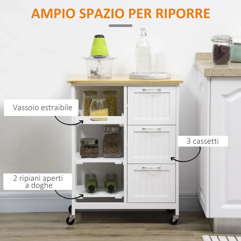 Easycomfort Carrello da Cucina con 3 Cassetti, 2 Ripiani Aperti e Vassoio Rimovibile, MDF e Legno di Pino, 67x37x87 cm