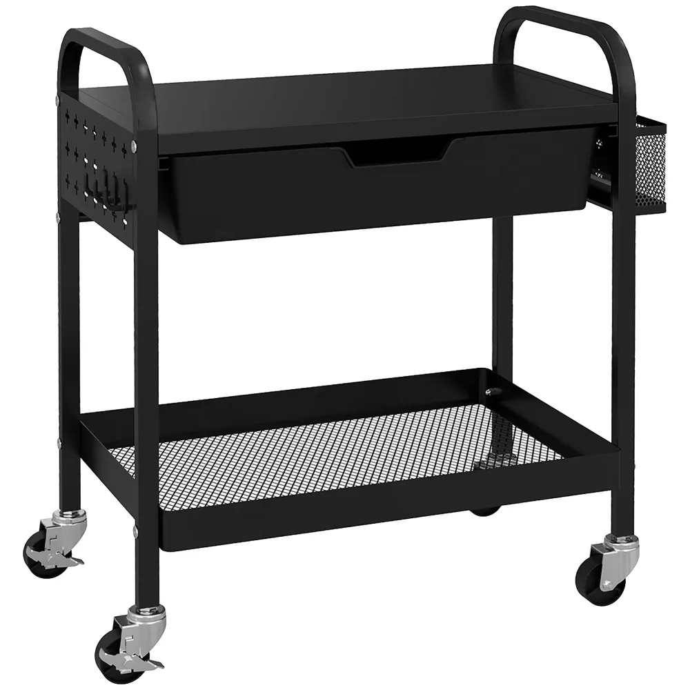 EasyComfort Carrello da Cucina con Cesto, Cassetto Estraibile e 3 Ganci, PP e Metallo, 61x32.6x58.5 cm, Nero