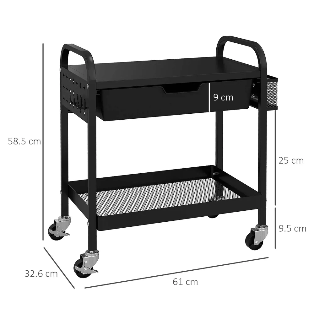 EasyComfort Carrello da Cucina con Cesto, Cassetto Estraibile e 3 Ganci, PP e Metallo, 61x32.6x58.5 cm, Nero