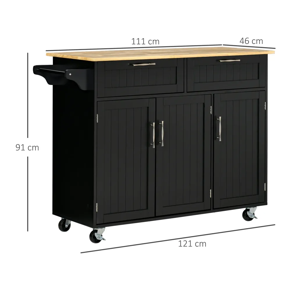 Easycomfort Carrello da Cucina Legno con 2 Cassetti, Armadietto 3 Ante e 4 Ruote, 121x46x91cm, Nero