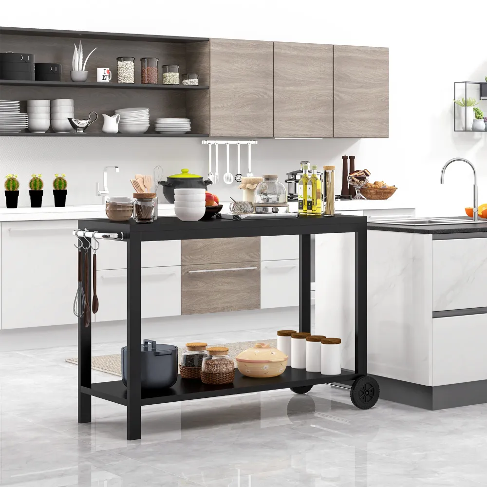 Easycomfort Carrello da Cucina 2 Livelli con Maniglie e Ganci Laterali, Acciaio, 135x46.5x86.5 cm, Nero