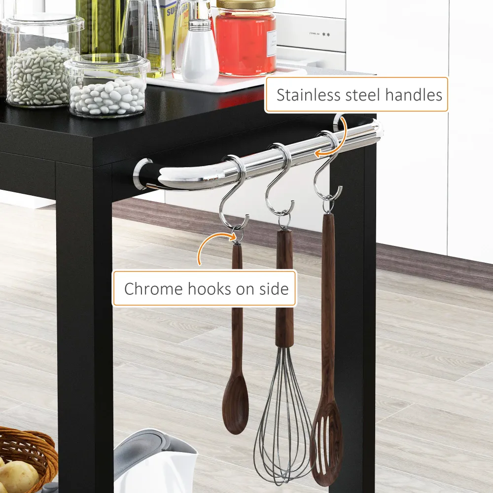 Easycomfort Carrello da Cucina 2 Livelli con Maniglie e Ganci Laterali, Acciaio, 135x46.5x86.5 cm, Nero