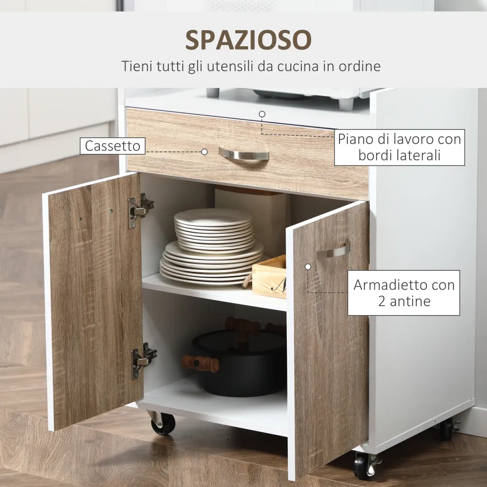 Easycomfort Carrello da Cucina Portavivande per Microonde con 4 Ruote, Legno, 60x40x77cm - Rovere