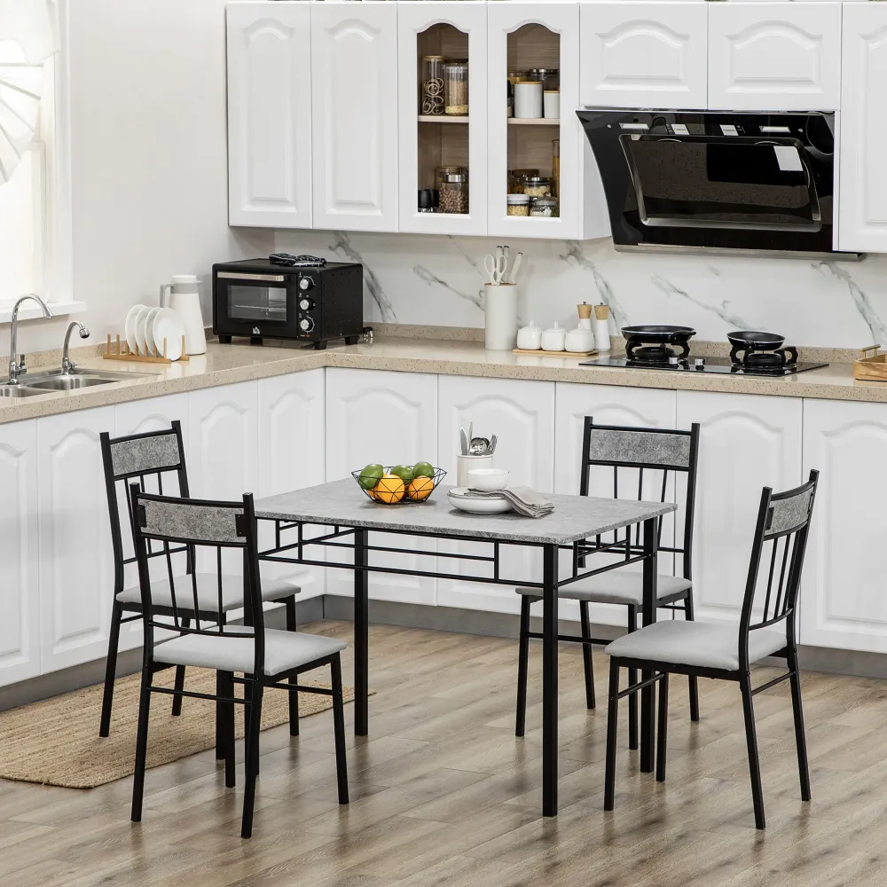 Easycomfort Set Tavolo e Sedie 5pz, Tavolo da Pranzo Rettangolare Metallo e MDF e 4 Sedie da Pranzo Grigio e Nero