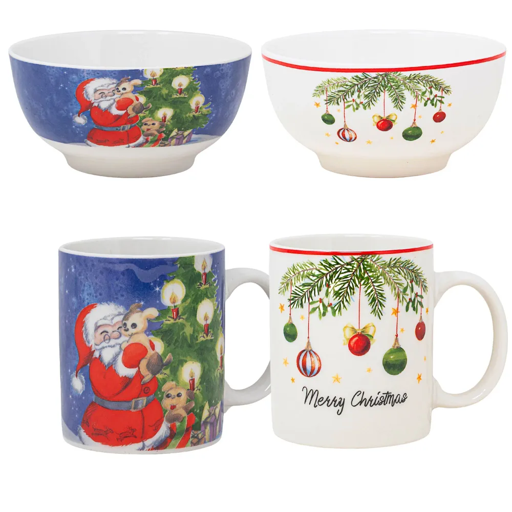 Set 2 Mug + 2 Ciotole 310 ml – Santa Claus + Vischio | Colazioni Festa