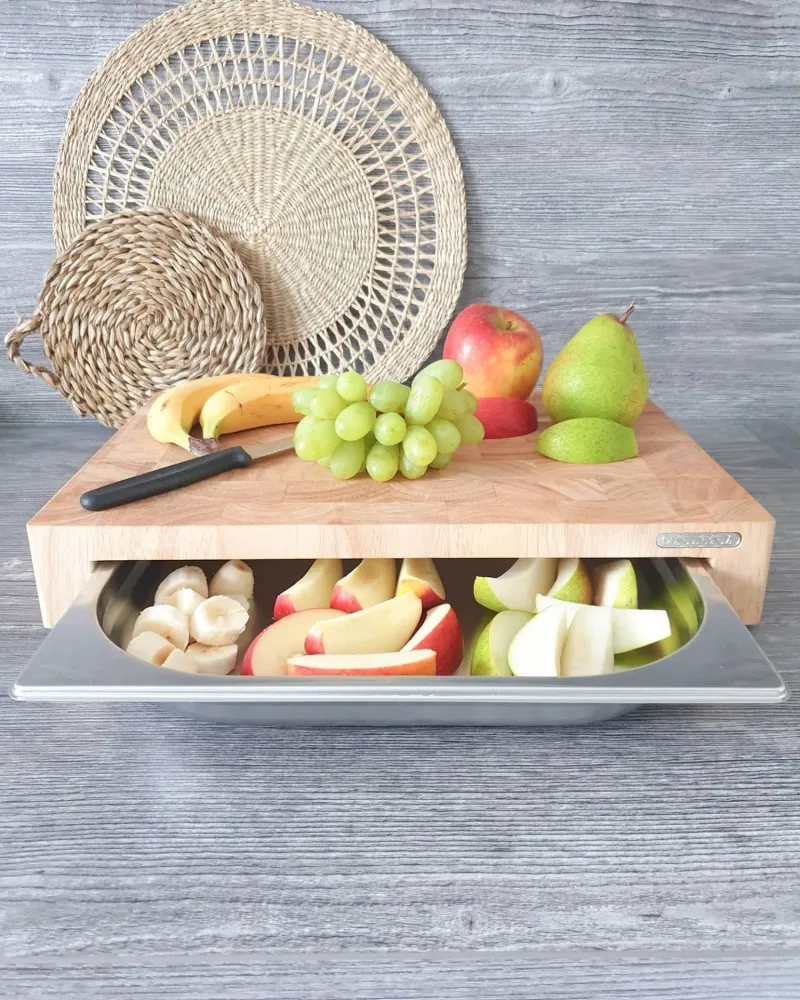Tagliere legno estraneo con cassetto acciaio inossidabile, 48x32.5x6 cm