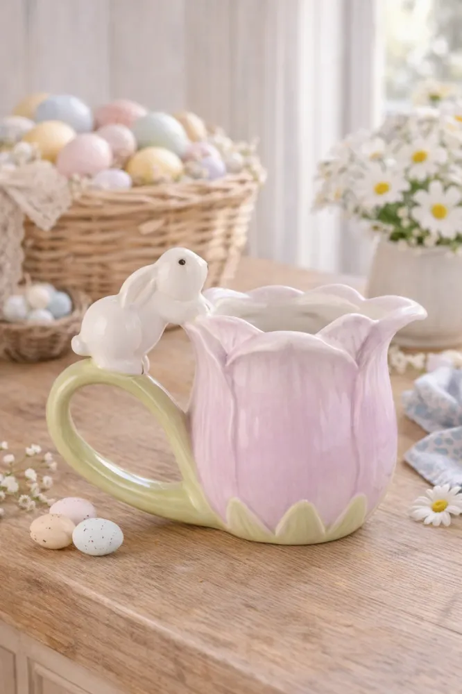 Tazza Ceramica Forma di Tulipano con Coniglietto