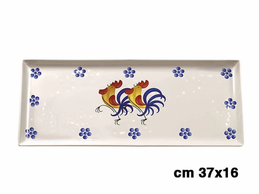 Vassoio rettangolare melamina 37x16cm h.2cm con decorazione galli