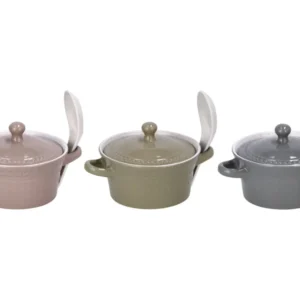 Zuppiera ceramica + coperchio + cucchiaio 320ml 3 colori assortiti
