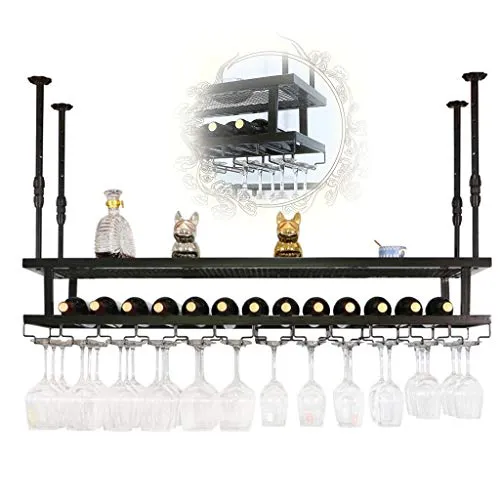 zxcvb Portabottiglie Appeso 2 Livelli Portabottiglie Nero da Soffitto Supporto per Calici per Mensole Vintage Industriale...