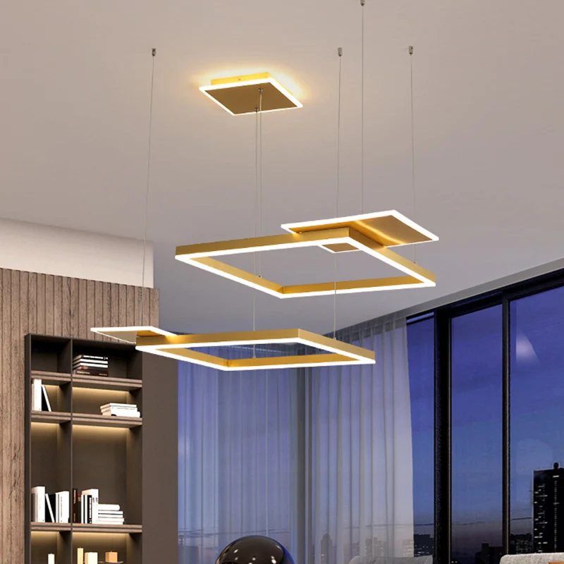 Lampadario sospensione quadrato Lampada sospensione Modernista Lampada da soffitto LED metallo oro/caffè, luce calda/bianca
