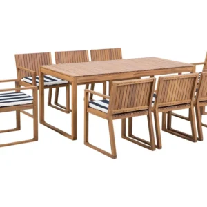 Set da giardino legno tavolo 8 sedie e cuscini righe blu SASSARI