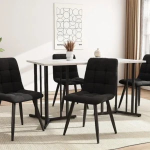 Tavolo da pranzo 140x80 cm con gambe regolabili - struttura metallo - impiallacciatura con motivo marmo - Bianco e nero pe...