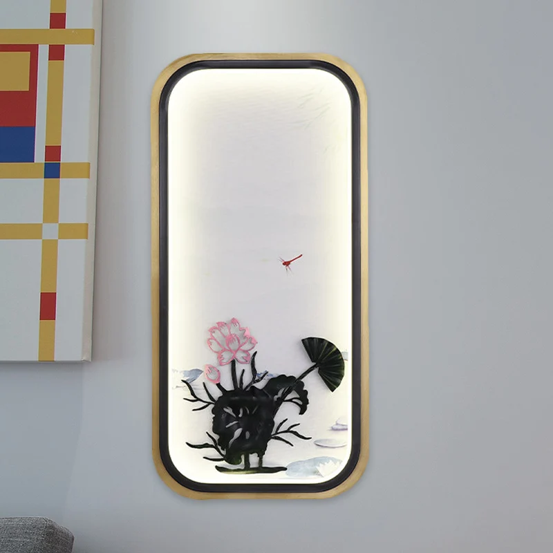 Luce murale metallica quadrata/rettangolare cinese LED Lotus Illuminazione parete nero e oro