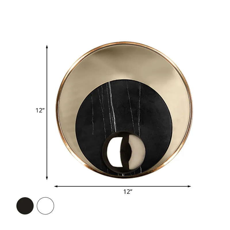Sconce LED rotondo marmo Lampada da parete modernista 1 testa bianca/nera con piastra posteriore metallo dorato