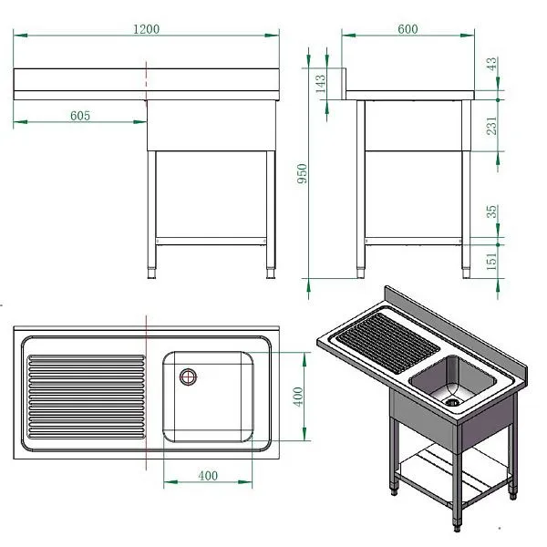 Lavello Vaiotec EASYLINE centro 600 / 1 vasca destra piano di lavoro 40 mm 120x60x85 cm 10209