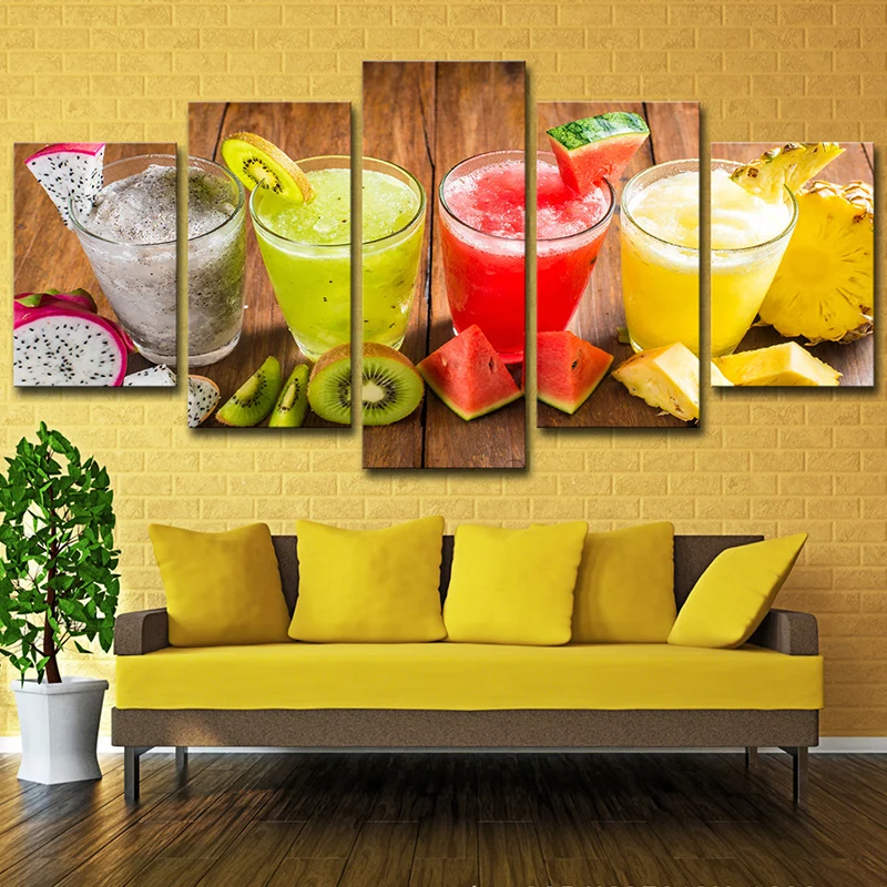 Decorazione da parete moderna tela multipezzo rossa e gialla con stampa artistica di tazze di succo per la cucina