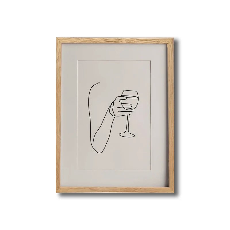 Stampa artistica su tela bianca Mano minimalista con disegno tratteggio di bicchiere di vino Decorazione da parete